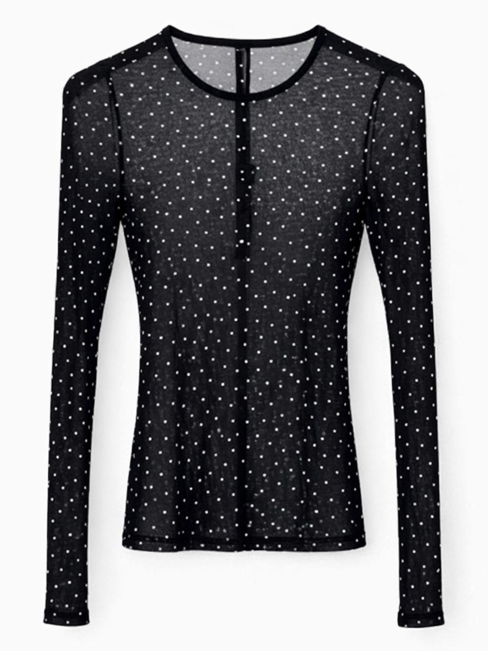 Enza Costa Black Sheer Polka Dot Mesh Top Long Sleeve Stretch Sz M Minimalist - Picture 2 of 11